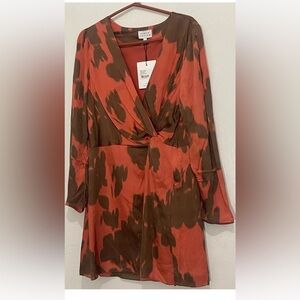Tanya Taylor Olivia Twist Crinkled Satin Mini Dress  Persimmon Multi Sz 12 NWT
